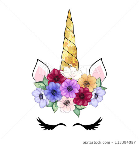 Cute unicorn with floral wreath and gold glitter horn. Vector hand drawn illustration Cute unicorn with floral wreath and gold glitter horn. Vector hand drawn illustration 113394087