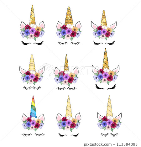 Cute unicorn with floral wreath and gold glitter horn. Vector hand drawn illustration 113394093