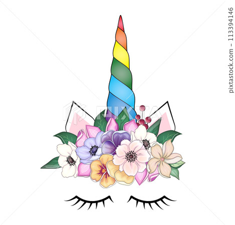 Cute unicorn with floral wreath and gold glitter horn. Vector hand drawn illustration 113394146