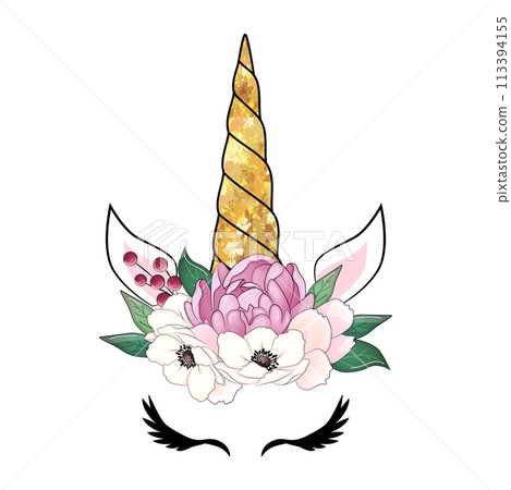 Cute unicorn with floral wreath and gold glitter horn. Vector hand drawn illustration 113394155