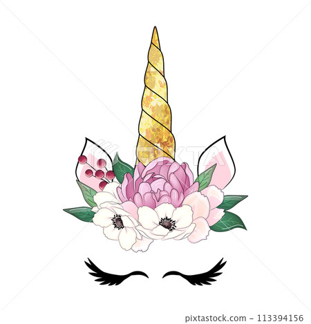 Cute unicorn with floral wreath and gold glitter horn. Vector hand drawn illustration 113394156