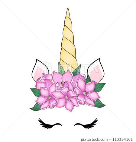 Cute unicorn with floral wreath and gold glitter horn. Vector hand drawn illustration 113394161
