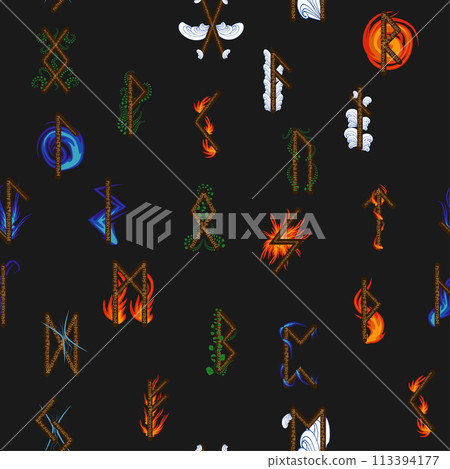 Hand drawn runic letters seamless pattern with elemental symbols. Magic signs and symbols of Scandinavian culture 113394177