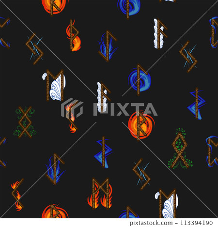 Sharp Runic Design Hand drawn runic letters seamless pattern with...-插圖素材 [113394190 ...