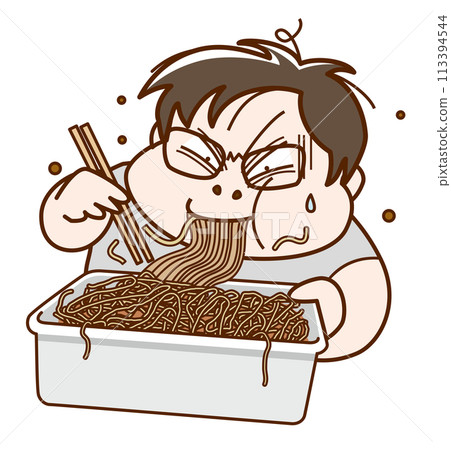 A man eating a super-large cup of yakisoba noodles 113394544