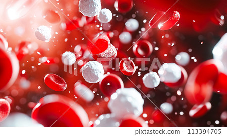 Close-up image of red and white blood cells in blood Close-up image of red and white blood cells in blood 113394705
