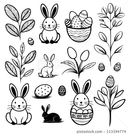 A collection of black and white drawings rabbits, eggs, and flowers A collection of black and white drawings rabbits, eggs, and flowers 113394774