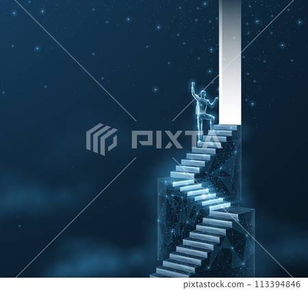 Door and man on the top of ladder. Digital success, succeed path, accomplish mission, digital transformation 113394846