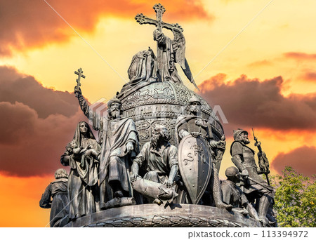 Detail of monument "Millennium of Russia" (1862) against a disturbing sky in Veliky Novgorod, Russia Detail of monument "Millennium of Russia" (1862) against a disturbing sky in Veliky Novgorod, Russia 113394972