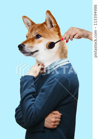 Dog's muzzle placed on male body in formal wear, having makeup done on mint, background. Organic cosmetological products. Contemporary art collage. Dog's muzzle placed on male body in formal wear, having makeup done on mint, background. Organic cosmetological products. Contemporary art collage. 113394986