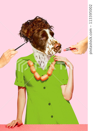 Pet-safe products cosmetics products. Dog with curly hair having makeup done, lipstick applied. Contemporary art collage. Pet-safe products cosmetics products. Dog with curly hair having makeup done, lipstick applied. Contemporary art collage. 113395002