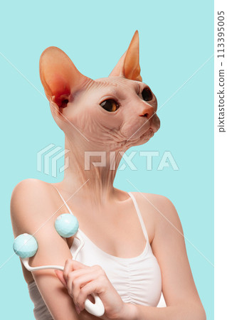 Adorable purebred head placed on female body doing body massage on min background. Wellness and health. Contemporary art collage. 113395005