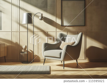 Living room with wood flooring, brick wall, and art fixture on the wall 113395021