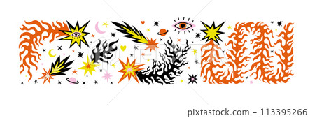 Boho celestial magic art star comet flame fire. Contemporary illustration in naive bohemian style. Mystic cosmic tarot aesthetic. Black red yellow colors. Sticker pack isolated on white background. Boho celestial magic art star comet flame fire. Contemporary illustration in naive bohemian style. Mystic cosmic tarot aesthetic. Black red yellow colors. Sticker pack isolated on white background. 113395266