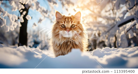 Pretty red cat sitting outdoors on the snow. 113395400