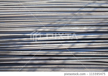 Reinforced Steel: Background of Metal and Iron Fittings, New Gray Armature Bars. Reinforced Steel: Background of Metal and Iron Fittings, New Gray Armature Bars. 113395475