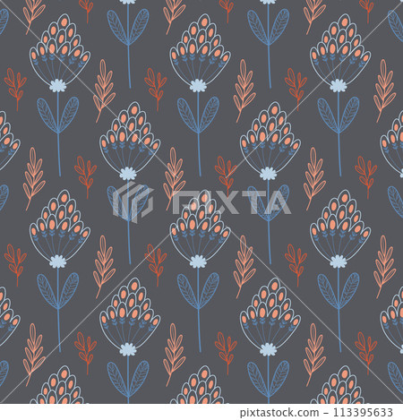 Abstract vector floral seamless pattern. Hand drawn vector line work on gray background. Abstract vector floral seamless pattern. Hand drawn vector line work on gray background. 113395633