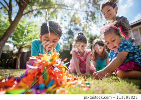 Children taking turns trying to break open a pinata 113395823
