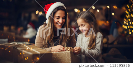 Mother and her daughter wrapping Christmas gift boxes. Mother and her daughter wrapping Christmas gift boxes. 113395856