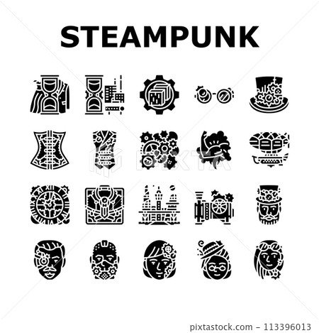 steampunk vintage metal steam icons set vector 113396013