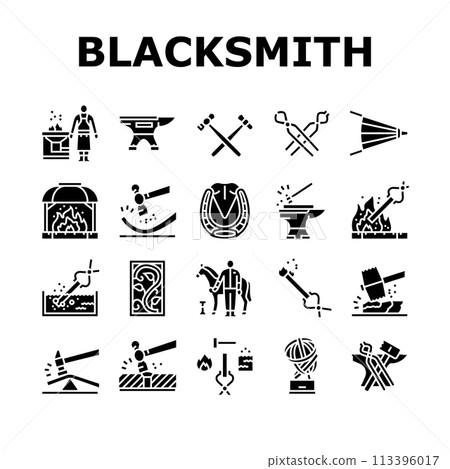 blacksmith forge anvil hammer icons set vector 113396017