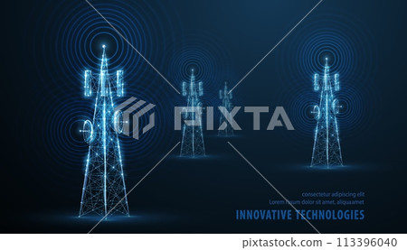 Abstract antenna mast on blue. 5G technology, telecommunication industry Abstract antenna mast on blue. 5G technology, telecommunication industry 113396040