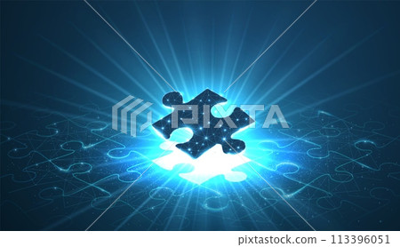 Single puzzle under a puzzle pattern with a shining bright puzzle hole. 3d abstract low pole. Single puzzle under a puzzle pattern with a shining bright puzzle hole. 3d abstract low pole. 113396051