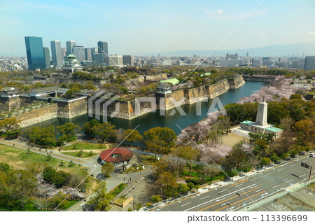 Osaka Castle Tower in Osaka Castle Park and the skyscrapers of OBP, a view from above Osaka Castle Tower in Osaka Castle Park and the skyscrapers of OBP, a view from above 113396699