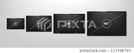 TV Screen Sizes. Smart TV icon collection. Diagonal screen size in 65, 75, 85 and 90 inches. Computer monitor. Vector illustration. TV Screen Sizes. Smart TV icon collection. Diagonal screen size in 65, 75, 85 and 90 inches. Computer monitor. Vector illustration. 113396743