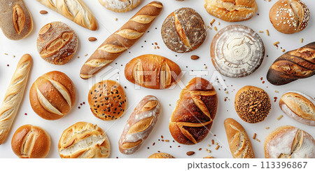 Delicious assortment of freshly baked bread, different types of bread. Food and bakery concept 113396867