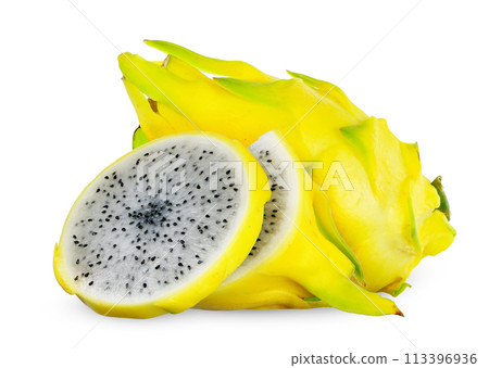 Half of yellow dragon fruit isolated on white background. 113396936