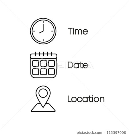Date, Time and Location icon. Event concept. Business information sign. Vector illustration. 113397008