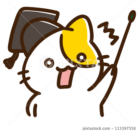 A deformed upper body illustration of a professor cat holding a pointing stick while being surprised 113397358
