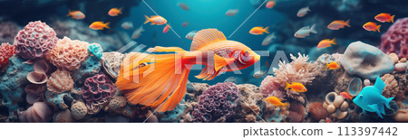 Beautiful view of the seabed with corals and colourful fishes. 113397442