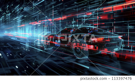 Image of a futuristic electric car with holographic wireframe digital technology background. Image of a futuristic electric car with holographic wireframe digital technology background. 113397476