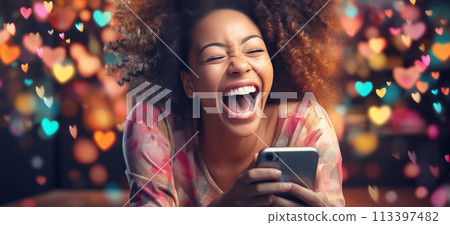 Happy woman giving likes and receiving them in social media. 113397482