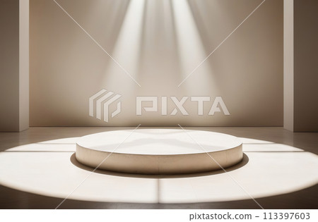 Round Podium for Cosmetic, Soap, Items Presentation. Abstract Minimal Geometric Pedestal. Cylinder One Form, Soft Shadow. Scene to Show Product, Object. Showcase, Display Case. Stand. Beige Backdrop 113397603