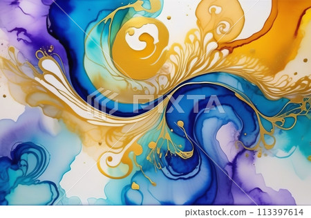 Alcohol ink art full frame background. Currents of blue cyan hues, stains, golden swirls, soft color free-flowing textures. Natural aquarelle abstract fluid painting. Can be used as vertical poster. 113397614