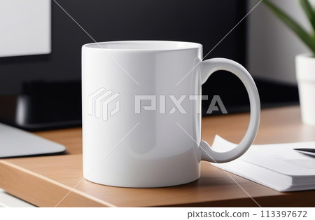 Mug Mock-Up. Blank white 11 oz ceramic cup is on a desk, office interior blurred background. Great for overlaying your custom quotes and designs for selling mugs. Notebooks on wooden table indoors. Mug Mock-Up. Blank white 11 oz ceramic cup is on a desk, office interior blurred background. Great for overlaying your custom quotes and designs for selling mugs. Notebooks on wooden table indoors. 113397672