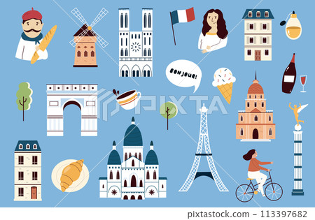 Set of famous symbols, landmarks of Paris Set of famous symbols, landmarks of Paris 113397682
