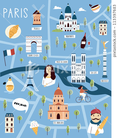Colorful illustrated cartoon map of Paris, France with famous places, landmarks, symbols Colorful illustrated cartoon map of Paris, France with famous places, landmarks, symbols 113397683