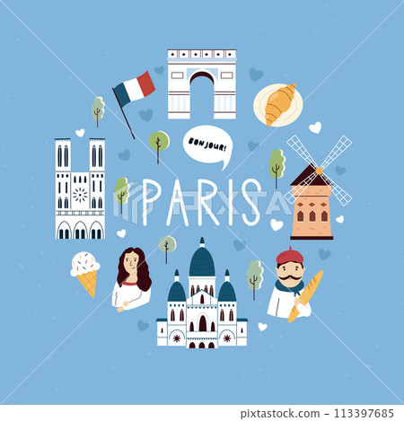 Colorful circle design with famous places, landmarks, symbols of Paris, France Colorful circle design with famous places, landmarks, symbols of Paris, France 113397685