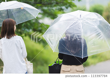 Back view of a woman holding an umbrella 113397784