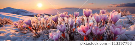 Closeup panoramic view of the spring flowers in the park. Crocus blossom on beautiful morning with sunlight in the forest. 113397793