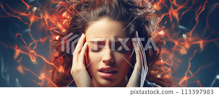 Woman with a terrible headache holds her head with her hands. 113397983