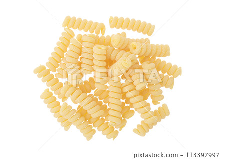 Italian spiral shaped pasta, Fusilli bucati macaroni, isolated on white background. Top view. Flat lay. 113397997