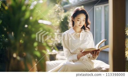 Woman reading book in backyard AI-generated image 113398000