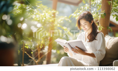 Woman reading book in backyard AI-generated image 113398002