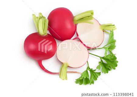 Radish with half isolated on white background. Top view. Flat lay 113398041