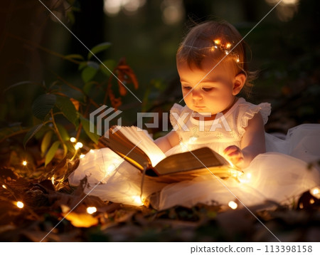 Toddler girl enchanted by a storybook, illuminated by fairy lights in a twilight forest Toddler girl enchanted by a storybook, illuminated by fairy lights in a twilight forest 113398158